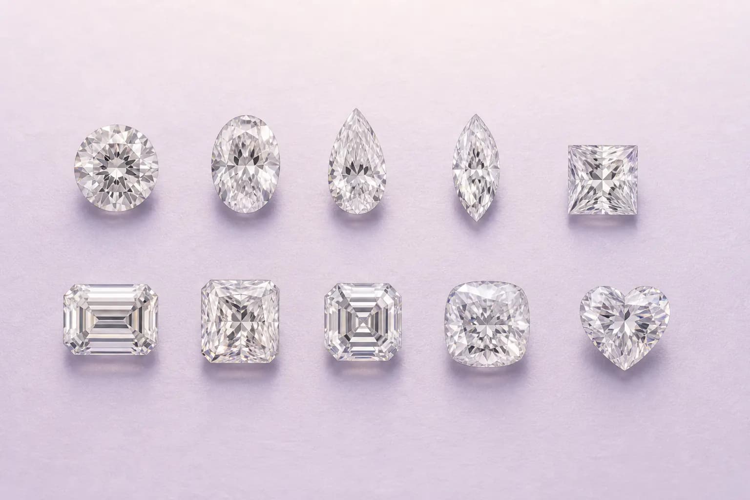Compare 10 major diamond shapes for engagement rings, including round, oval, princess, emerald, cushion, pear, radiant, marquise, Asscher, and heart.