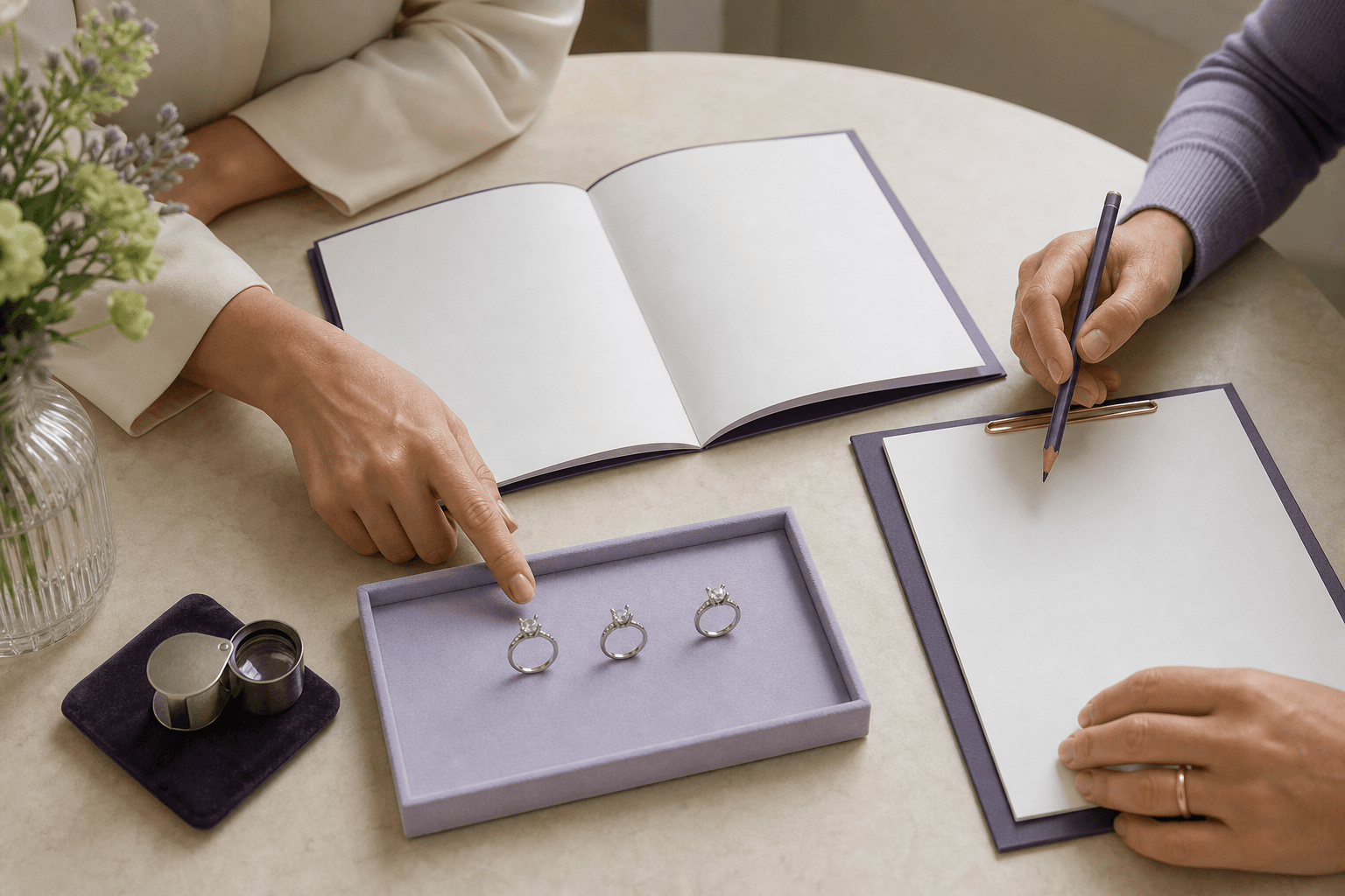 Two people taking notes while comparing rings at a table