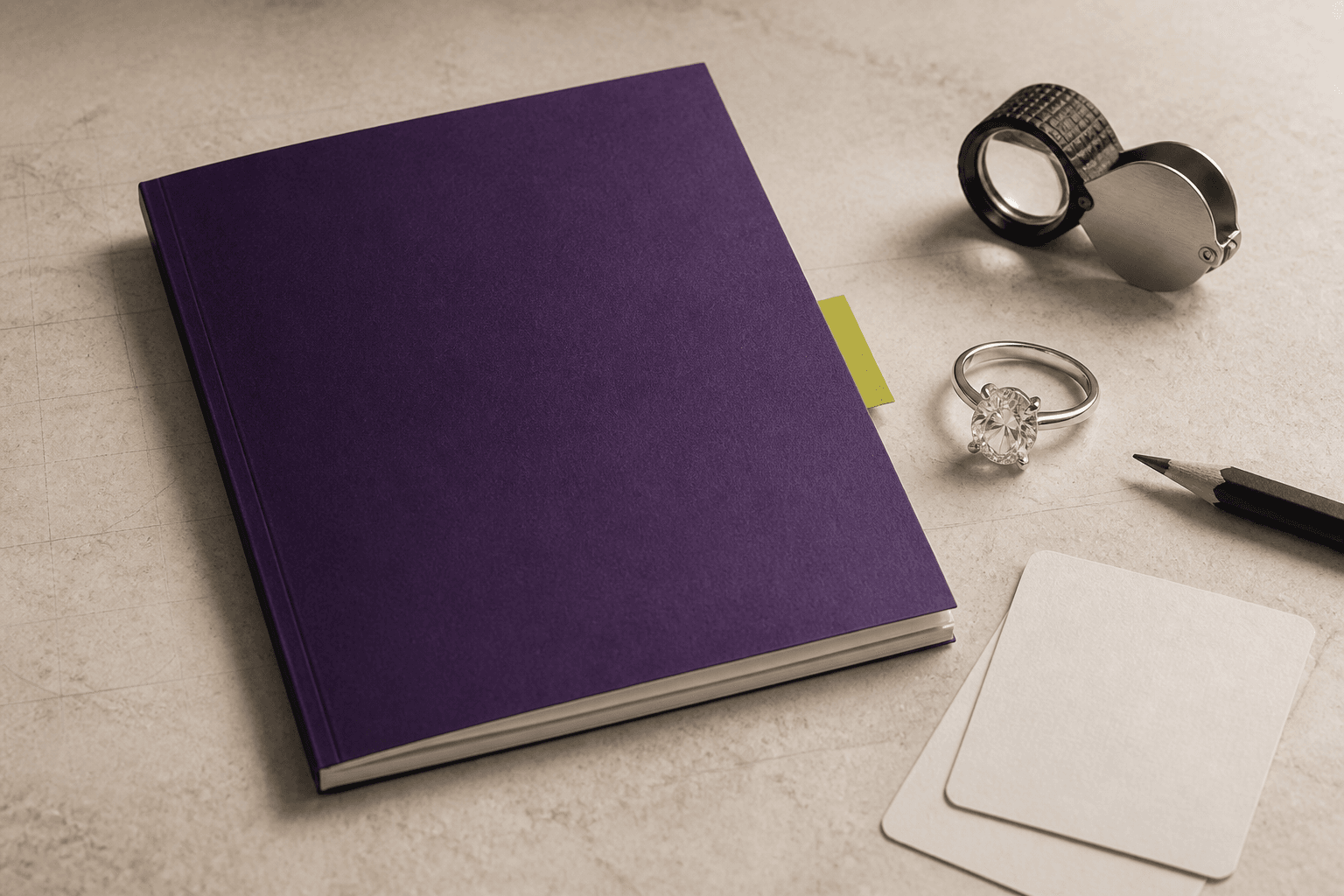 The RingMatcher buying field guide beside a ring and a jeweller’s loupe